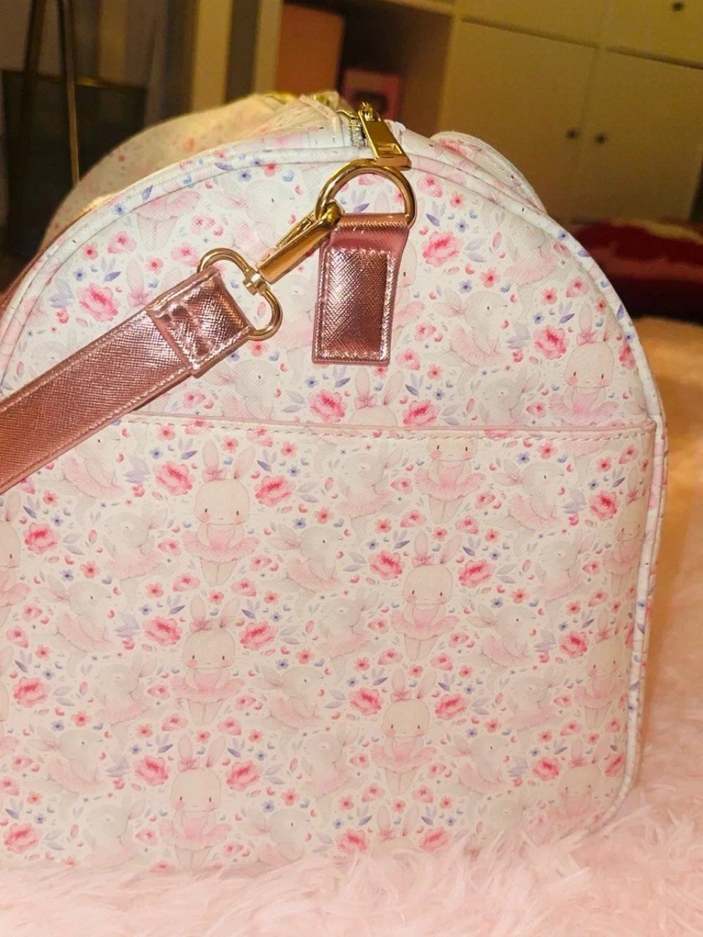 Cute Floral Bunny Face Travel Bag in Pink and Cream